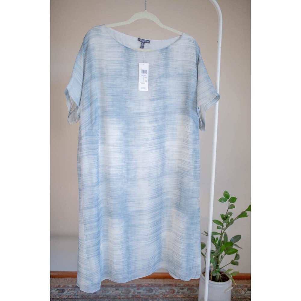 Eileen Fisher Silk Shift Dress Blue Ivory Bateau Neck Short Sleeve 1X NWT $278
